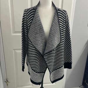 Dolce Cabo Black & White Striped Open Front Knit Sweater Cardigan Jacket Sz M